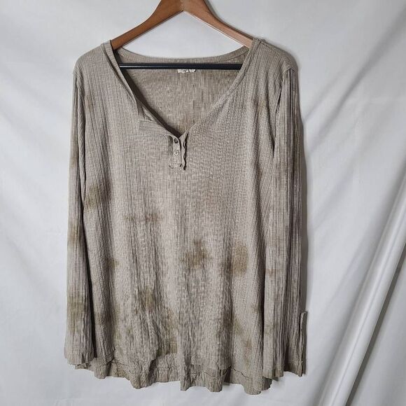POL Tan and Brown Tie Dye Long Sleeve Henley sz L‎ - Picture 1 of 4